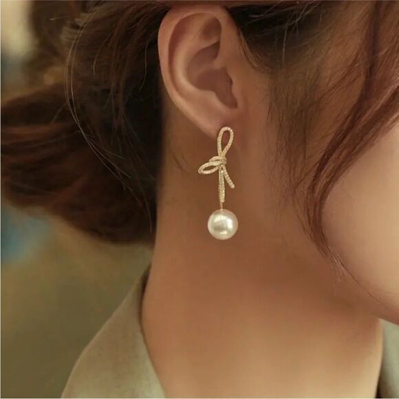 RESTOCKED Gold Diamond Bow Pearl Drop Earrings - Picture 2 of 3